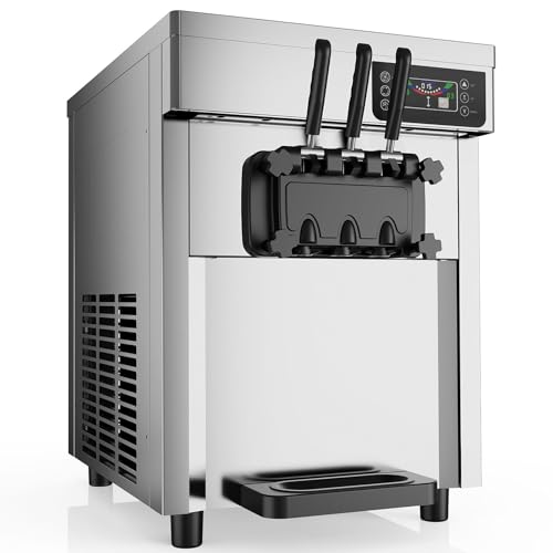 Commercial Ice Cream Maker Machine with FCC Certified,30 QT(≈7.4gal)/H Yield, 2200W 3-Flavor Countertop Soft Serve Ice Cream Maker Continuous Serve 8-10 Cups (100g/Cup), 5.5LX2 304 Steel Hopper