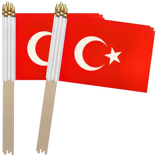 TSMD Turkey Stick Flag Turkish Small Mini Hand Held Flags,5x8 Inch,12 Pack