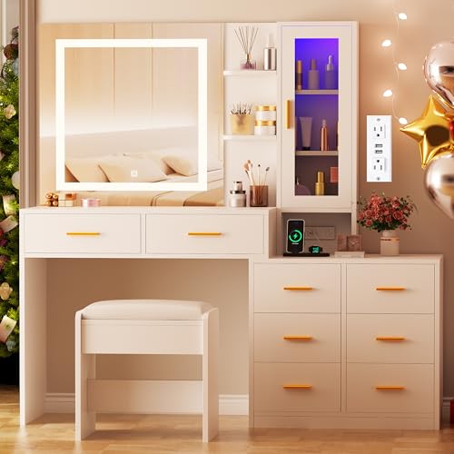 ANWBROAD 51.8" Makeup Vanity Desk with Mirror and Lights White Vanity Table with RGB Cabinets 8 Drawers Power Outlet Large Dresser Dressing Table with Storage Shelves Stool for Bedroom Girls UBDT77W