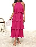 ZESICA Women's 2025 Summer Sleeveless Halter Neck Ruffle Tiered Layed Chiffon Flowy Swing Long Midi Dress,Rose,Large