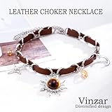 Vinzar Boho Sun Pendant Necklace Brown Leather Necklace Silver Moon Star Choker Necklace Crystal Stone Collar Necklace for Women