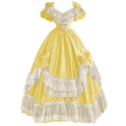 Mouccy Retro Puffy Lace Victorian Dressess with Bow Short Sleeve Wedding Gown Gothic Yellow Medieval Vintage Dress 8