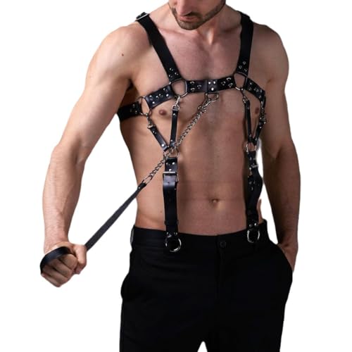 Men's Body Chest Harness Belt with Leash Chain, Adjustable Leather Punk Suspenders Body Chest Harness Bondage Strap for Men Male Gay, Party Club Cosplay Bar Nightclub Masquerade BDSM Fetish Clubwear