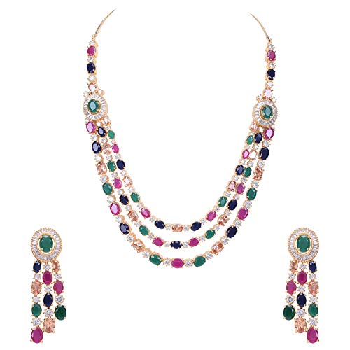 Ratnavali Jewels Cubic Zirconia Gorgeous Wedding Bridal Multi Strand Necklace Dangle Earrings Jewelry Set