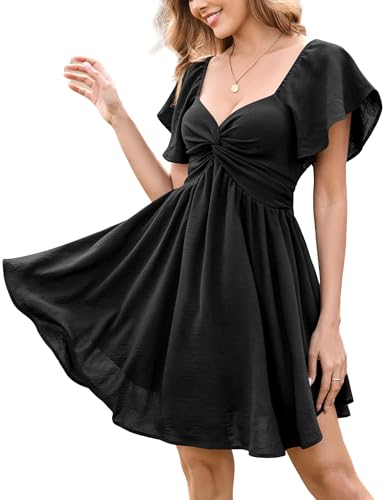 Florboom Women's Summer Sweetheart Neck Flutter Short Sleeve Sexy Mini Dresses Knot Front Chiffon Wedding Guest Flowy Dress (Black, S)