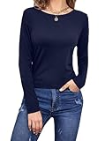 LilyCoco Womens Backless Top Long Sleeve Boat Neck Sexy Open Back Shirt Solid Tee Navy Large