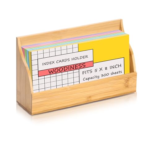 Index Card Stand Wooden 5x8 Index Cards Holder Notecard Box Postcard Display Stand Flash Cards Organizer Business Card Display Rack for Desk Office Supplies Capacity 300 Sheets