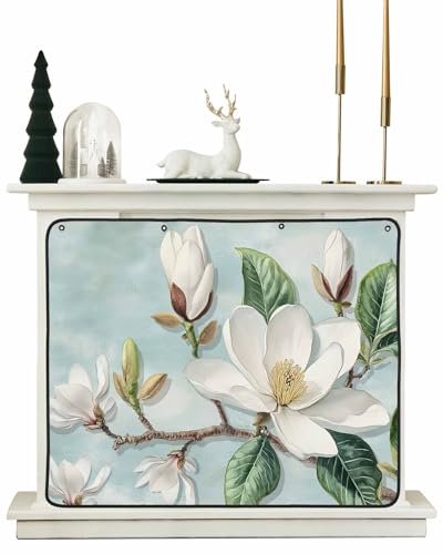 White Floral Magnetic Fireplace Cover Decorative Indoor for Brick Fireplace, Country Wildflower Green Tree Leaf Branch Insulation Fireplace Blocker Blanket Draft Stop Hot Heat Save Energy, 36" Wx27 H