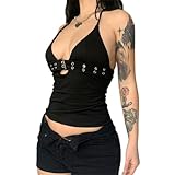 Sexy Punk Rock Halter Tank Tops for Women V Neck Goth Backless Tie Back Summer Y2k Gothic Buckle 70s Disco Tops