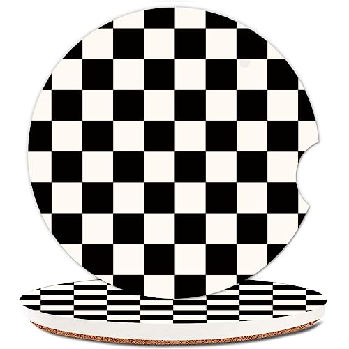 NUGGHU Absorbent Car Cupholder Coaster 2 Pack, Cute Car Coasters with a Finger Notch for Women & Men,2.56" Ceramic Stone & Non-Scratch Cork Base Drink Coasters (Checkerboard)