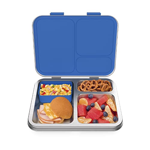 Bentgo Kids Stainless Steel Leak-Resistant Lunch Box - 3-Compartment Bento Style Lunch Box with Bonus Container - Eco-Friendly, Dishwasher Safe, BPA-Free, Ages 3+, Patented Design (Blue)