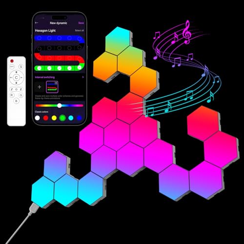 OJQ 20 Pack Hexagon Lights Wall RGB Panel - Smart APP RGB Hexagonal Modular Gaming Light Music with Sync Honeycomb Shape Panels Hexagon Lights for Bedroom Children Room