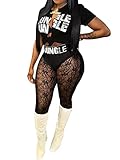 Adogirl Women's 2 Piece Outfits Short Sleeve Front Tied Sheer Mesh Bodycon Long Legging Pants Sets