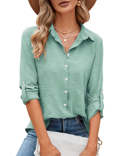 Odosalii Summer Shirts for Women Long Sleeve Button Down Tops Elegant Business Outfits Dressy Casual Blouses Work Office Professional Spring Light Green