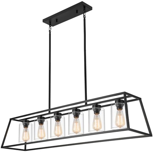 Senyshilon Dining Room Light Fixtures Over Table, Black Farmhouse Chandeliers for Dining Room 6-Lights with Cylinder Clear Glass, Apply to Rectangle Chandelier for Kitchen Island Bar Cafe