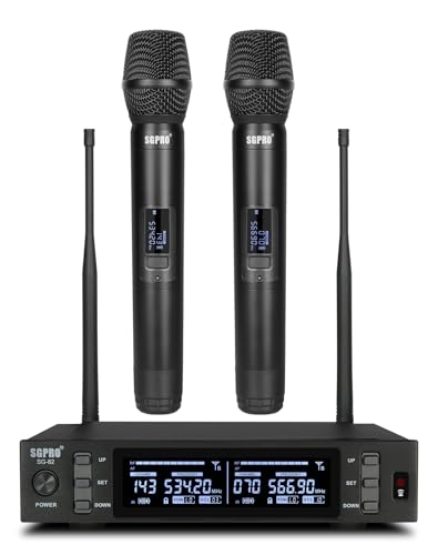 SGPRO Dual Wireless Microphone System - Metal Handheld Mics & Receiver, Adjustable UHF Channels 520-590 MHz Range, Antenna Diversity, Ideal for Professional Audio and Events
