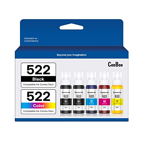 522 High Capacity (5 Bottles) Refill Ink Bottle Replacement for Epson Compatible 522 Ink Refill Bottles (Not Sublimation Ink) Use for EcoTank ET-2803 ET-2800 ET-2720 ET-4800 Printer