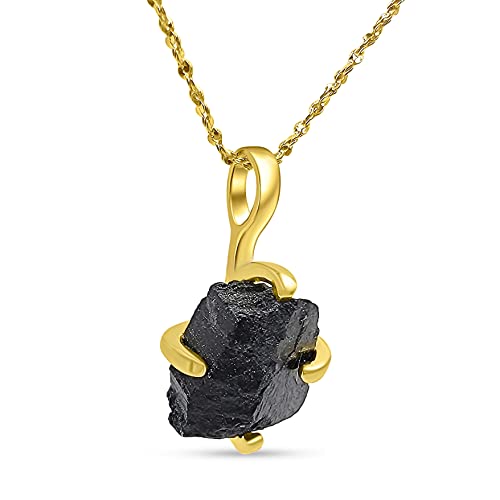 Natural raw black tourmaline chain pendant necklace with yellow gold over 925 sterling silver, october birthstone dainty solitaire gift for her, uniquelan jewelry (black-tourmaline)