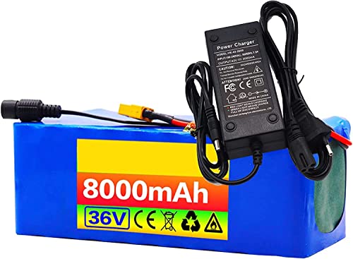 36V 8Ah Electric Bike Battery, 10S3P Replaceable Lithium-Ion Battery Pack for Scooter Wheelchair Car Motorcycle, High Power Battery Pack with 42V Charger + BMS 36V 8AH,XT60 Plug