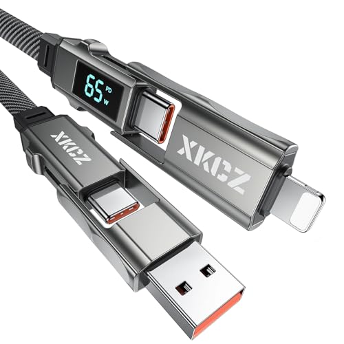 XKCZ 4 in 1 USB C Cable with Wattage Display, 65W Flat Nylon Braided Multi Charge Cable with Data Sync, USB C Charging Cord Combo Type C/USB A/L Port for iPhone/iPad/Samsung/Laptop, 5FT