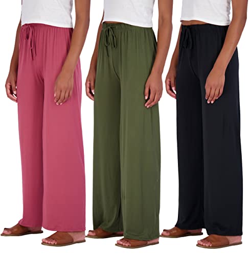 Real Essentials 3 Pack Soft Palazzo Pajama Pants for Women, Wide Leg Comfortable Casual Lounge Yoga Bottoms, Multicolor, Set 6, 2X Plus Size