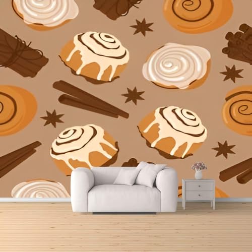 Wallpaper Peel and Stick Cinnamon roll bun seamless pattern cartoon Food baked flat style Bread Wallpaper Self-Adhesive Removable Large Wall Mural Sticker Roll Home Decor for Living Room Bedroom