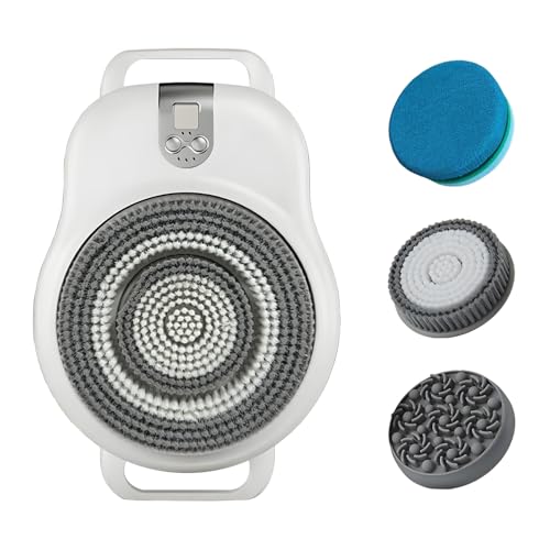Smart Electric Shower Brush for Body,3 Speeds Adjustable,4 Replaceable Brush Heads,360° Automatic Rotation,7'' Large Area Covered,Shower Back Scrubber Wall Mounted for Deep Cleansing (White)