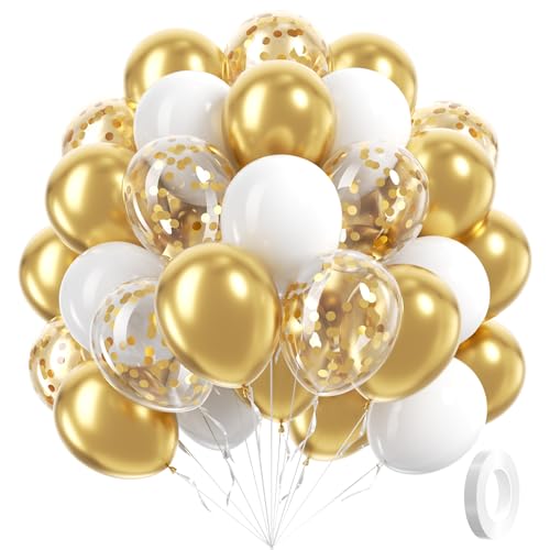 60pcs Gold and White Balloons 12inch, White and Gold Balloons with Metallic Gold Confetti Balloons for Graduation Wedding Engagement Birthday Party Decorations