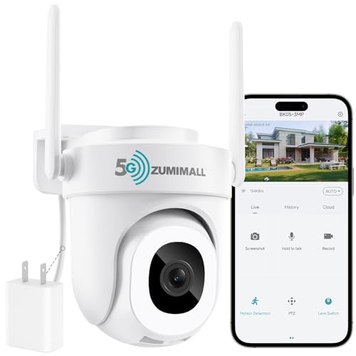 ZUMIMALL 2.4G/5G WiFi Security Camera Outdoor 3MP, 24/7 Recording Wired Camera for Home Security, 360° PTZ Auto Tracking, Cloud & SD Storage/Color Night Vision/AI Detection/2-Way Talk/Support Alexa