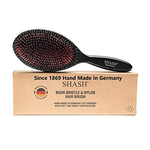 Since 1869 Hand Made In Germany - Nylon Boar Bristle Brush Suitable For Normal to Thick Hair - Gently Detangles, No Pulling or Split Ends - Softens and Improves Texture, Stimulates Scalp (Large)