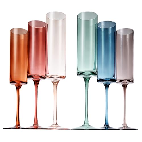 Khen Colored Champagne Flute Stemmed Glasses | Set of 6 | 6oz Art Deco Stemmed Martini Muted Vintage Glasses for Champagne, Cocktail, Margarita, Wedding Glass, Gift Idea, Muted Pastel Colors Unique