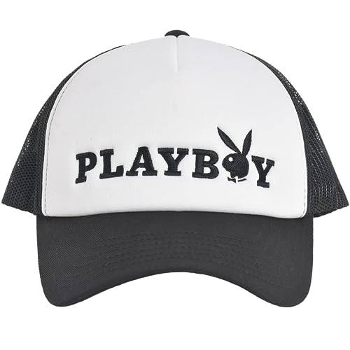 Playboy Trucker Hat, Mesh Adjustable Snapback Baseball Cap with Curved Brim, Black, One Size