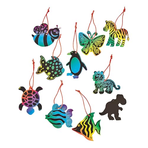 Fun Express 3" Magic Color Scratch Ornament Assortment for Creative Giveaways, Parties, Arts & Crafts, and Fun Activities for Kids - 100-Piece