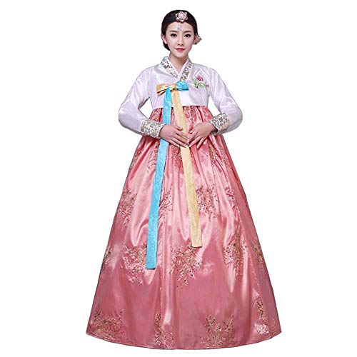 Female Korean Traditional Long Sleeve Classic Hanboks Dress Cosplay Costume Women Palace Korea Wedding Dance Costume, Light Pink, Small