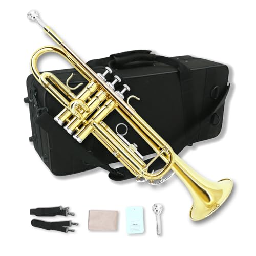 WUQIMUSC Standard Bb Trumpet Set for Beginners, Student Trumpet, Brass Trumpet Instrument, B Flat, with 7C Mouthpiece, Cleaning Cloth, Gloves and Hard Carrying Case (Golden)