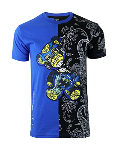 SCREENSHOT-S1166 Mens Streetwear Premium Designer Tee - Pattern Color Block Falling Head Cartoon Teddy Bear Patch Embroidery T-Shirt-Royal/Pay-Medium