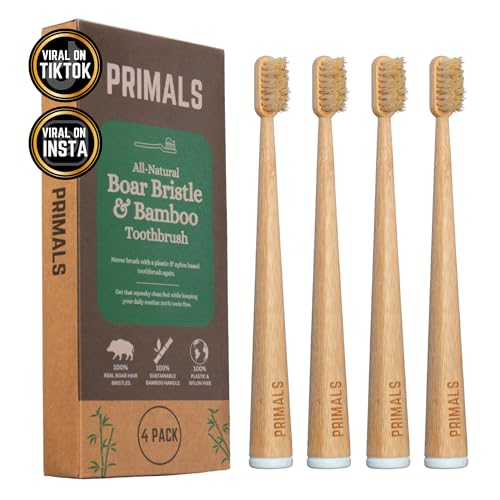 PRIMALS Boar Bristle & Bamboo Toothbrush (4-Pack) - Premium Boar Bristles - Fully Biodegradable - Plastic & Nylon Free - Quick Dry Design