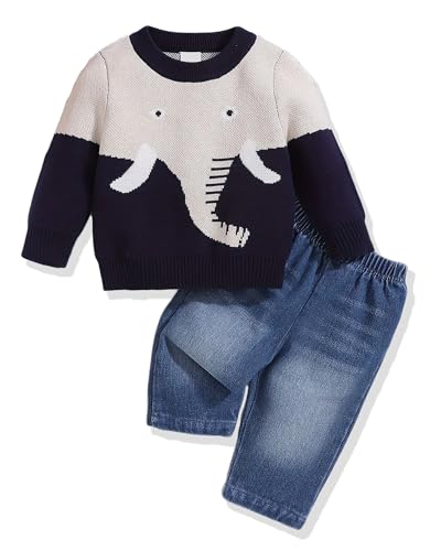 NZRVAWS Baby Boy Clothes 9-12 Months Cute Baby Boy Outfits Fall Winter Clothes Elephant Animal Print Sweatshirt Blue Jeans Pants Sets Baby Boy Clothing