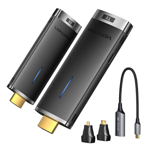VENTION HDMI Dongle Transmitter and Receiver 2.4/5GHz 4K Decording with HDMI connectors and Type-C Adapter, 131FT/40M, Extender Connection with Sender with Miracast 1080P