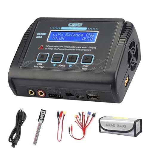 LiPo Battery Charger RC Balance Fast Charger Discharger 150W 10A AC/DC Battery Chargers for 1-6S Life Li-ion LiHV NiCd NiMH PB Smart Battery (Black)