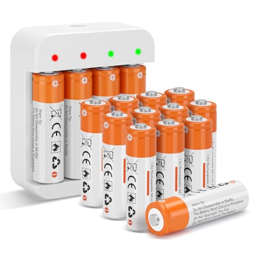 Fitinoch 16 Pack Rechargeable 1.5V AA Size Lithium Batteries for Blink Camera, Long-Lasting Double A Battery 2600mWh with 2H Fast Charger (4 Bay Independent Slot)