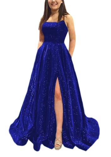 yinyyinhs Glitter Satin Prom Dresses Long A-Line Ball Gowns 2025 Spaghetti Straps Slit Backless Pockets Evening Formal Party Dress for Women Royal Blue US8