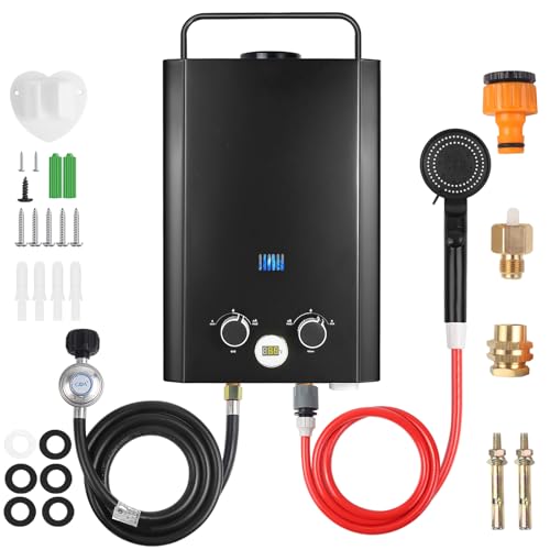 Tankless Water Heater Propane, 1.58GPM 5L Portable Instant Hot Water Heater, Outdoor Use for RV, Camper Van, Camping Trailer, Cabin, Barn, Pool, Black