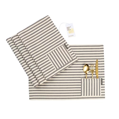 MEEMA Cloth Placemats with Pockets - Recycled Cotton Kitchen Placemats, Twill Striped Desk Placemat, Stylish Place Mats for Indoor, Outdoor & Special Occasions - Charcoal, Set of 4
