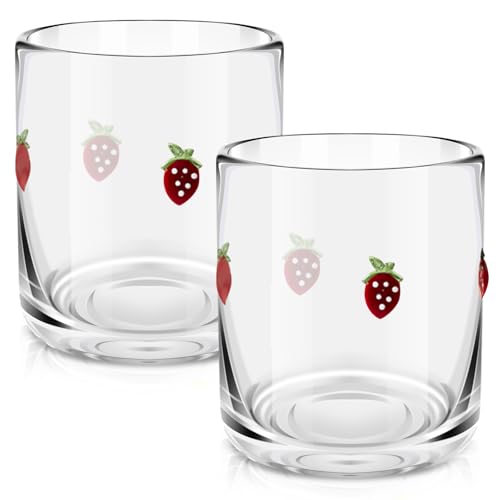 SiliFine 2 Pcs Strawberry Icon Juice Glasses, 14oz Strawberry Stemless Wine Drinking Juice Glass Cup for Summer Fruit Party Supplies Gift
