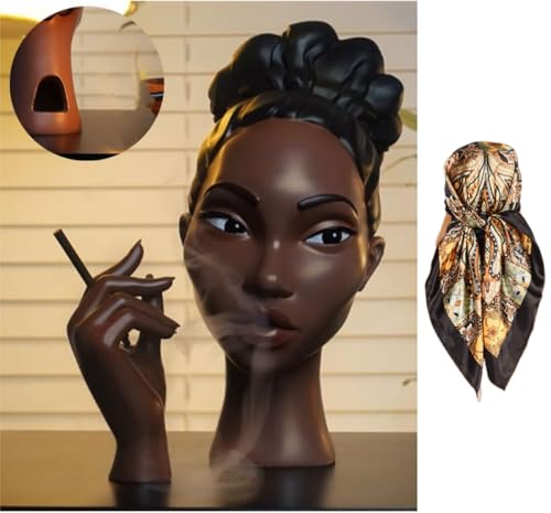 Hanicamola Black Woman Head Incense Burner with Decorative Silk Scarf, Black Lady Headscents Incense Holder, Home Decor Gift