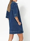 Fisoew Womens Denim Shirt Dress Summer Collared V Neck Mini Casual Jean Dresses with Pockets Blue