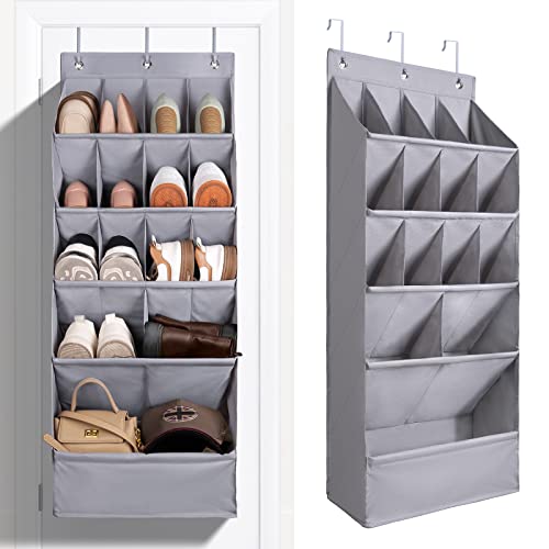 FENTEC 1 Pack Over-the-Door-Shoe-Organizers, Hanging Shoe Organizers with Large Pocket Shoe Holder Hanging Shoe Rack for Closet Shoe Organizer for Wall, Over Door Organizer with 15 Pockets Gray