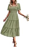 Women's Casual Summer Dress 2025 Square Neck Flutter Sleeve Smocked Tiered Midi Dress Swiss Dot Boho Flowy Dresses Green Large