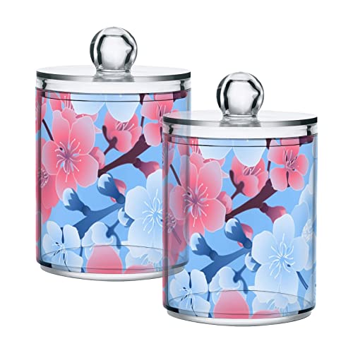 Tatenale Qtip Holder Bathroom Set Q tip Cotton Ball Swab Pad Dispenser Container Organizer Plastic Jars with Lids Storage 2Pack Blue Pink Floral Plum Blossom